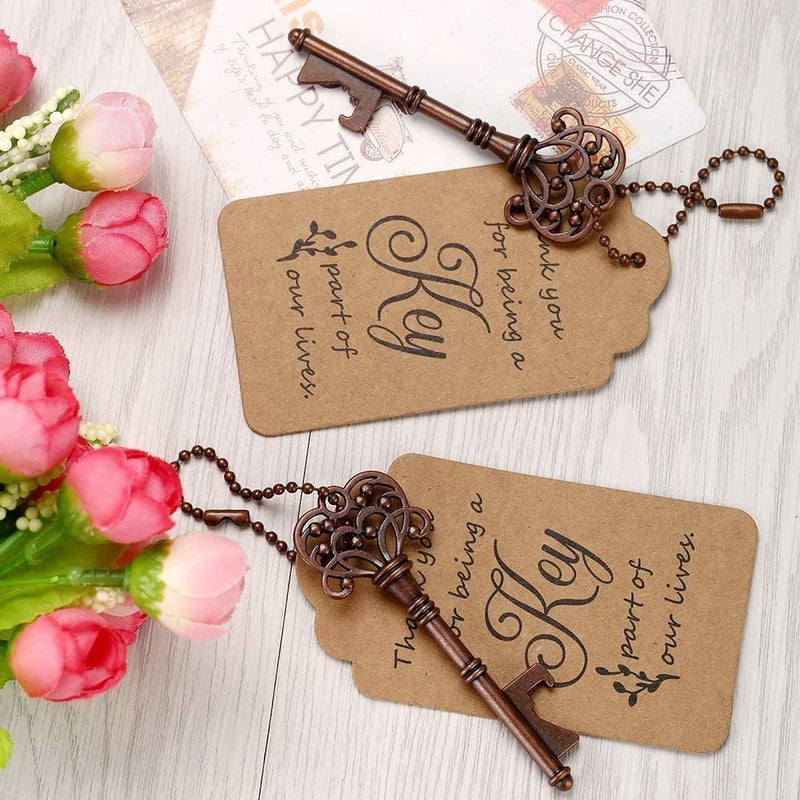 WODEGIFT 100 PCS Wedding Favors/ Party Favors Key Bottle Opener,Vintage Skeleton Key Bottle Openers with Escort Tag Cards and Key Chains(Red Copper) - Image 5