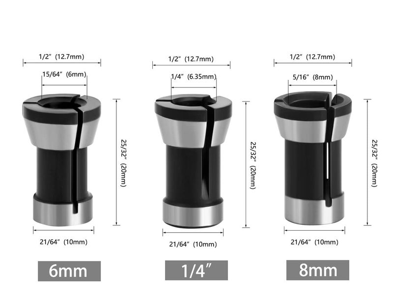 Saipe 6pcs High Precision Trimmer Collet Adapter 6mm 1/4" 8mm Router Bit Collet Chuck Clamping Adapter for Engraving Trimming Machine Electric Router Milling Cutter - Image 3