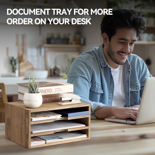 KIRIGEN Wooden Desktop Organizer Paper Storage Letter Tray File Sorter - Desk Rack Magazine File Dividers Holders for Home Office Accessories with 3 Layer Trays Dark Brown (3KWJG-DBR) - Image 5
