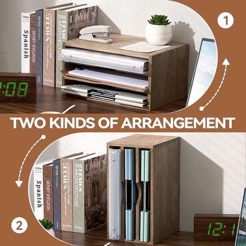 KIRIGEN Wooden Desktop Organizer Paper Storage Letter Tray File Sorter - Desk Rack Magazine File Dividers Holders for Home Office Accessories with 3 Layer Trays Dark Brown (3KWJG-DBR) - Image 2