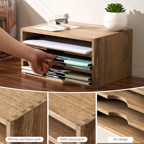 KIRIGEN Wooden Desktop Organizer Paper Storage Letter Tray File Sorter - Desk Rack Magazine File Dividers Holders for Home Office Accessories with 3 Layer Trays Dark Brown (3KWJG-DBR) - Image 4