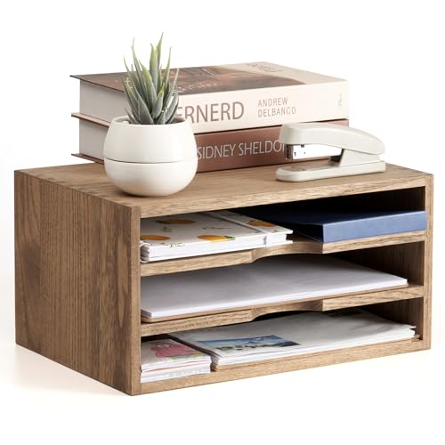 KIRIGEN Wooden Desktop Organizer Paper Storage Letter Tray File Sorter - Desk Rack Magazine File Dividers Holders for Home Office Accessories with 3 Layer Trays Dark Brown (3KWJG-DBR) - Image 1