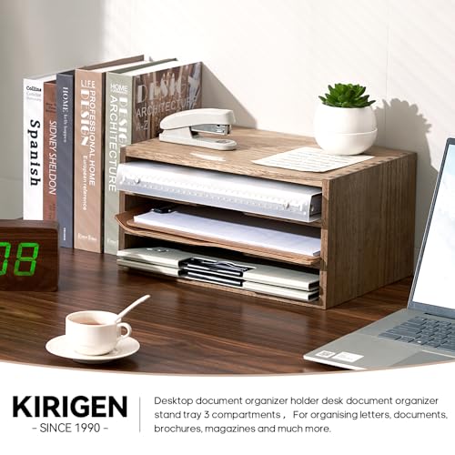 KIRIGEN Wooden Desktop Organizer Paper Storage Letter Tray File Sorter - Desk Rack Magazine File Dividers Holders for Home Office Accessories with 3 Layer Trays Dark Brown (3KWJG-DBR) - Image 3
