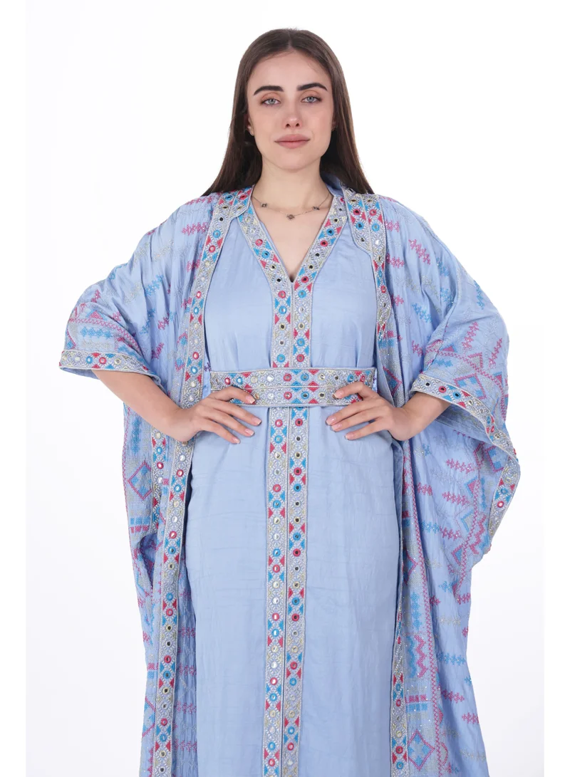 Al Bent Al Sharqieh Baby Blue embroidered linen kaftan dress for Women | Best Price UAE