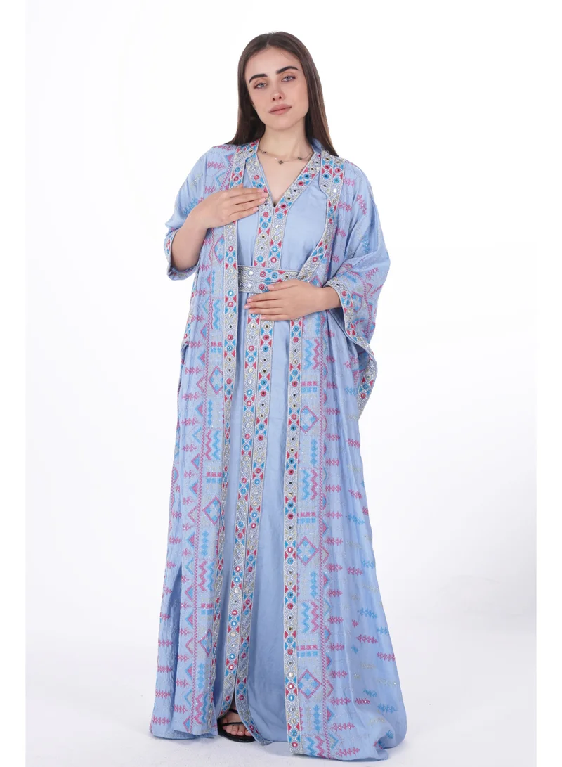 Al Bent Al Sharqieh Baby Blue embroidered linen kaftan dress for Women | Best Price UAE