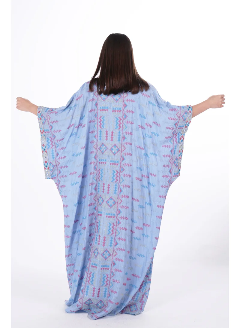Al Bent Al Sharqieh Baby Blue embroidered linen kaftan dress for Women | Best Price UAE