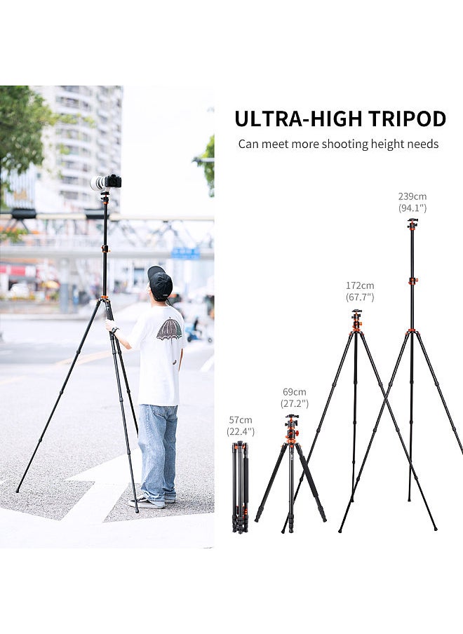 K&F Concept - K&F CONCEPT SA254T1 2.39M/94.1Inch Professional Photography Tripod Monopod Horizontal Camera Tripod Stand Aluminum Alloy 10kg/22lbs Load Capacity with 360°  Rotatable Ballhead for DSLR Camera - Image 1
