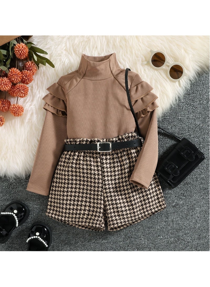 3 PCS Toddler Polyester Ruffle‑Shoulder Top, Houndstooth Shorts & Black Belt Set for Baby Girl, 3–4 Y Fit Height 110 cm, Summer & Autumn Outfit, Perfect for Birthday, Photoshoots, Family Gatherings, Outdoor Play  - Image 1