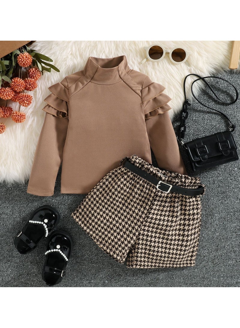 3 PCS Toddler Polyester Ruffle‑Shoulder Top, Houndstooth Shorts & Black Belt Set for Baby Girl, 3–4 Y Fit Height 110 cm, Summer & Autumn Outfit, Perfect for Birthday, Photoshoots, Family Gatherings, Outdoor Play  - Image 3