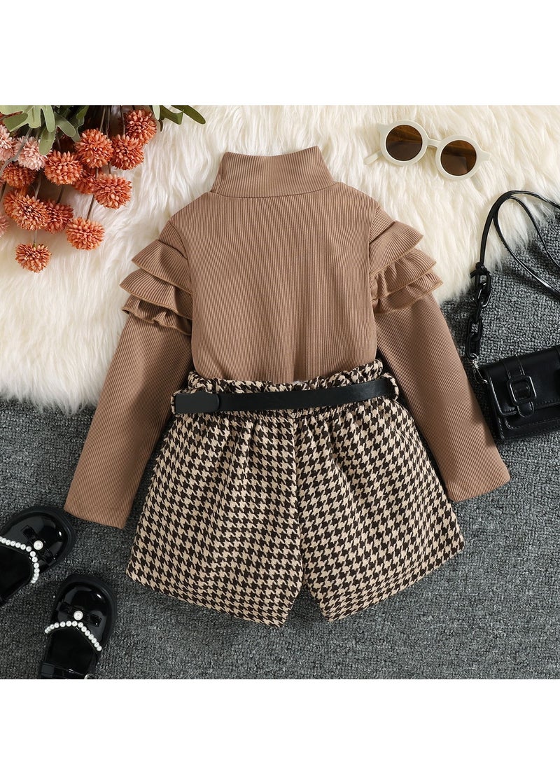 3 PCS Toddler Polyester Ruffle‑Shoulder Top, Houndstooth Shorts & Black Belt Set for Baby Girl, 3–4 Y Fit Height 110 cm, Summer & Autumn Outfit, Perfect for Birthday, Photoshoots, Family Gatherings, Outdoor Play  - Image 2