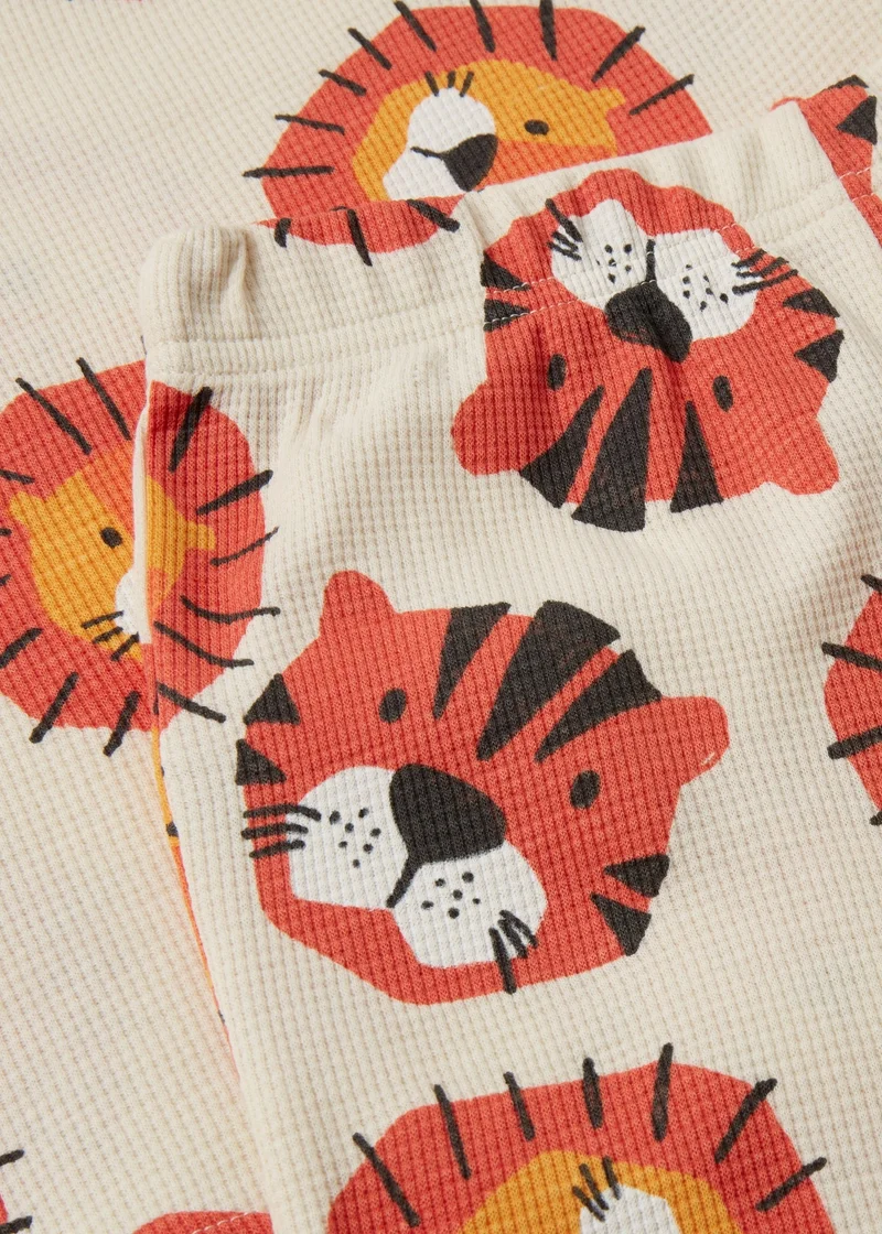 ماتلان طقم بيجامة قصيرة للأطفال بنقشة أسد ونمر باللون البيج