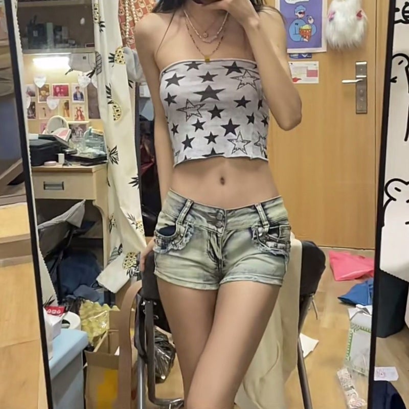 شورت جينز نسائي أمريكي رجعي بخصر منخفض وساق مستقيمة - Image 2