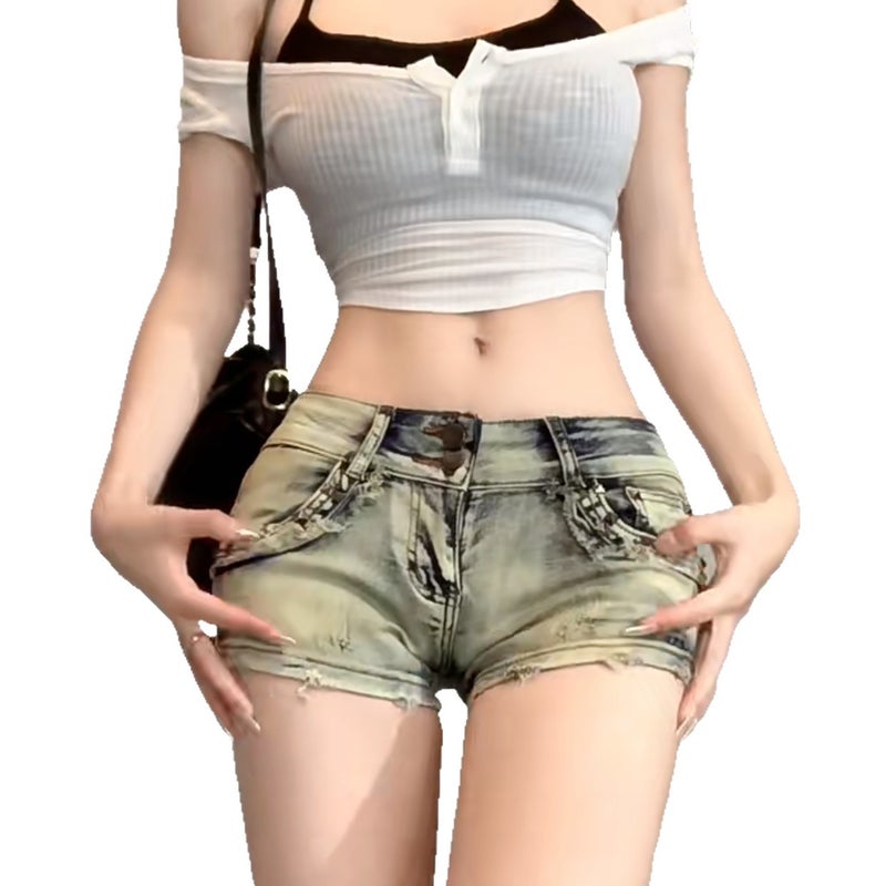 شورت جينز نسائي أمريكي رجعي بخصر منخفض وساق مستقيمة - Image 5