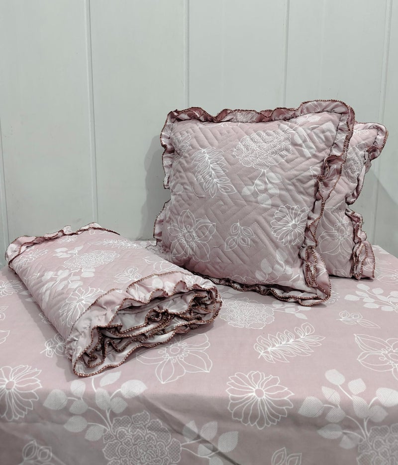 JBTC 5pc Frill bedsheet Set with 1 Double bedsheet+2 Quilted/Frill Pillow Covers+2 Quilted/Frill Filled Cushion Embroidery Bedding Set |Soft bedsheet Set. Big Size Pillow and Cushion Covers - Image 2