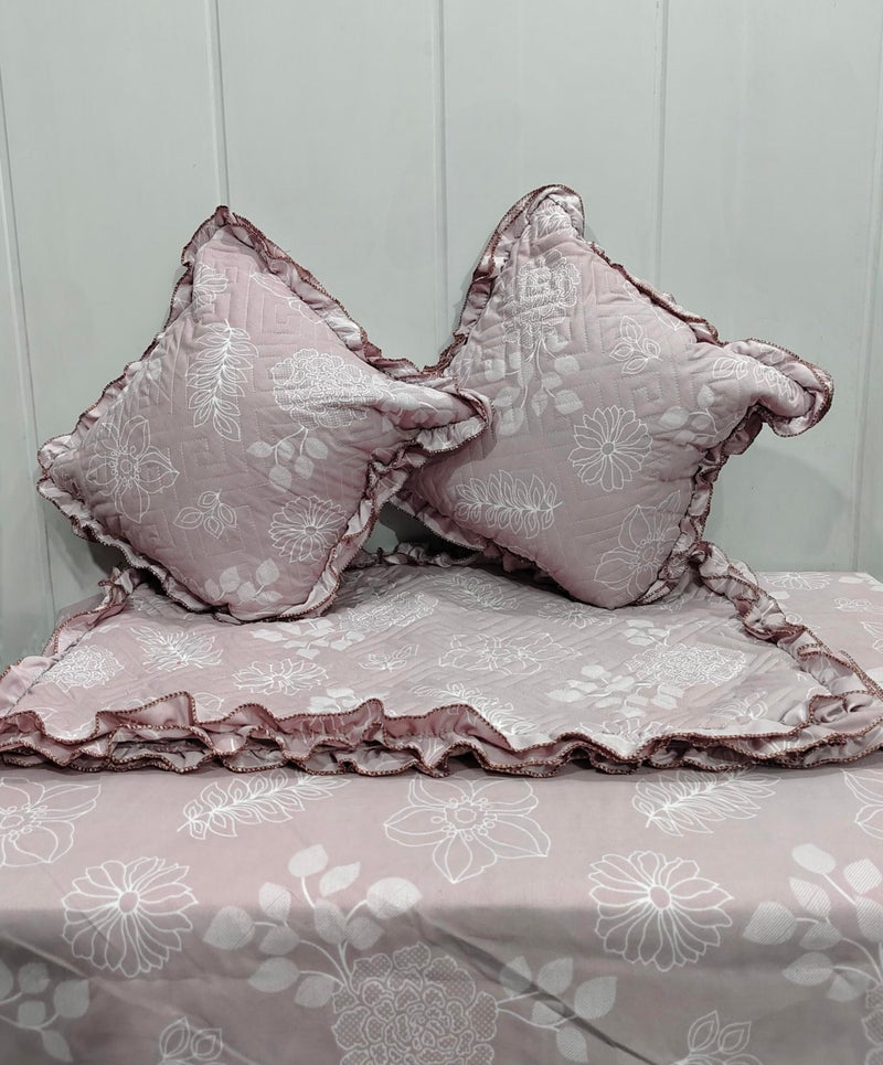 JBTC 5pc Frill bedsheet Set with 1 Double bedsheet+2 Quilted/Frill Pillow Covers+2 Quilted/Frill Filled Cushion Embroidery Bedding Set |Soft bedsheet Set. Big Size Pillow and Cushion Covers - Image 1