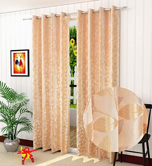 Purav Light Jacquard Curtains for Door 4 x 8 Feet 3 Pcs Mix Combo Curtains Polyester Jacquard Candy Eyelet RoomDarkening Curtain for Kids Room Decoration Office Home Kitchen GoldCream - Image 1