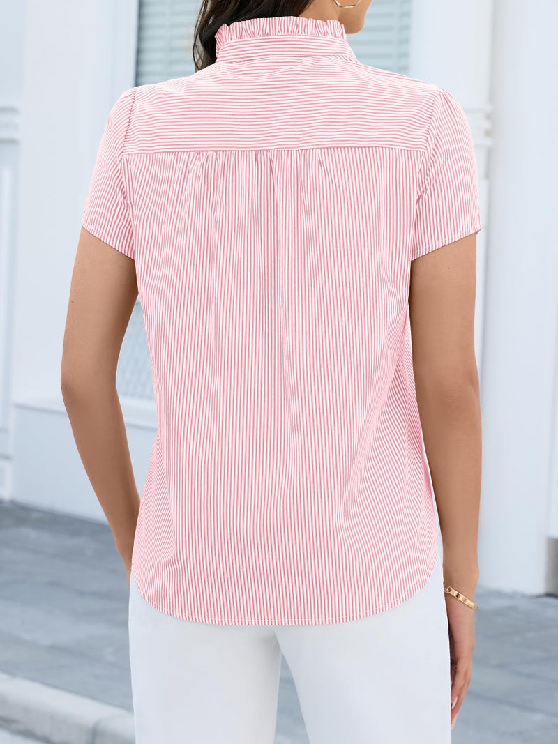 Funlingo Button Down Shirts for Women Short Sleeve Ruffle Collared Striped Blouses Summer Office Work Tops Business Casual Outfits 2026 Pink White L - Image 5