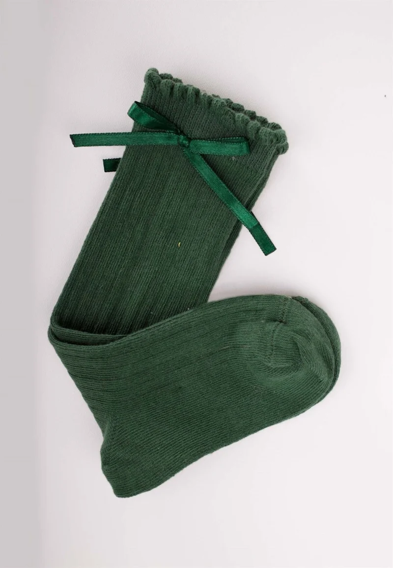 Cigit Kids Knee Length Girls Socks Khaki Green
