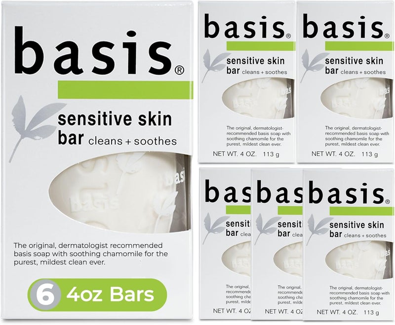 Basis Sensitive Skin Bar Soap - Cleans and Soothes with Chamomile and Aloe Vera, Pack of 6 - Image 1