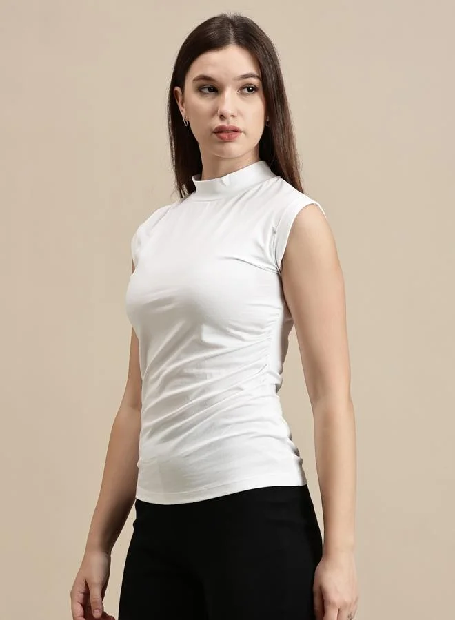 ECOLORE White Solid High Neck Top