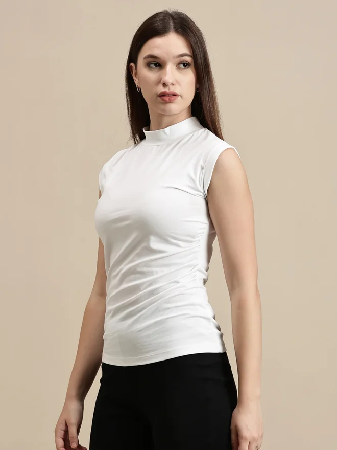Ecolore White Solid High Neck Top