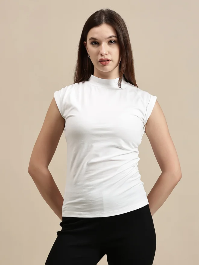 Ecolore White Solid High Neck Top