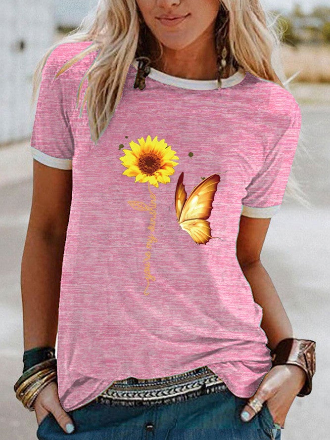 wish Butterfly Sunflower Pattern Printed Short-sleeved T-shirt for Women - Image 1