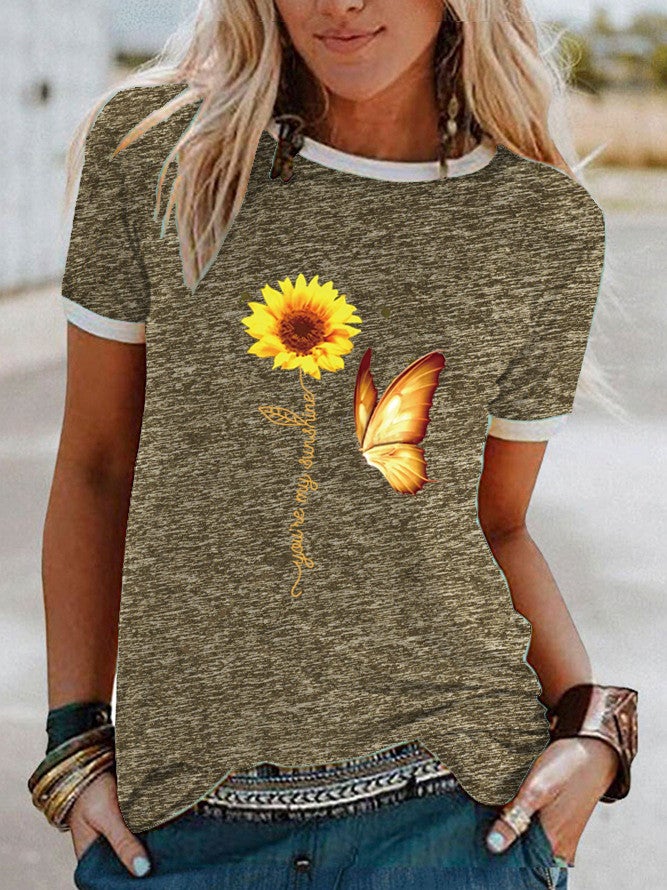 wish Butterfly Sunflower Pattern Printed Short-sleeved T-shirt for Women - Image 3