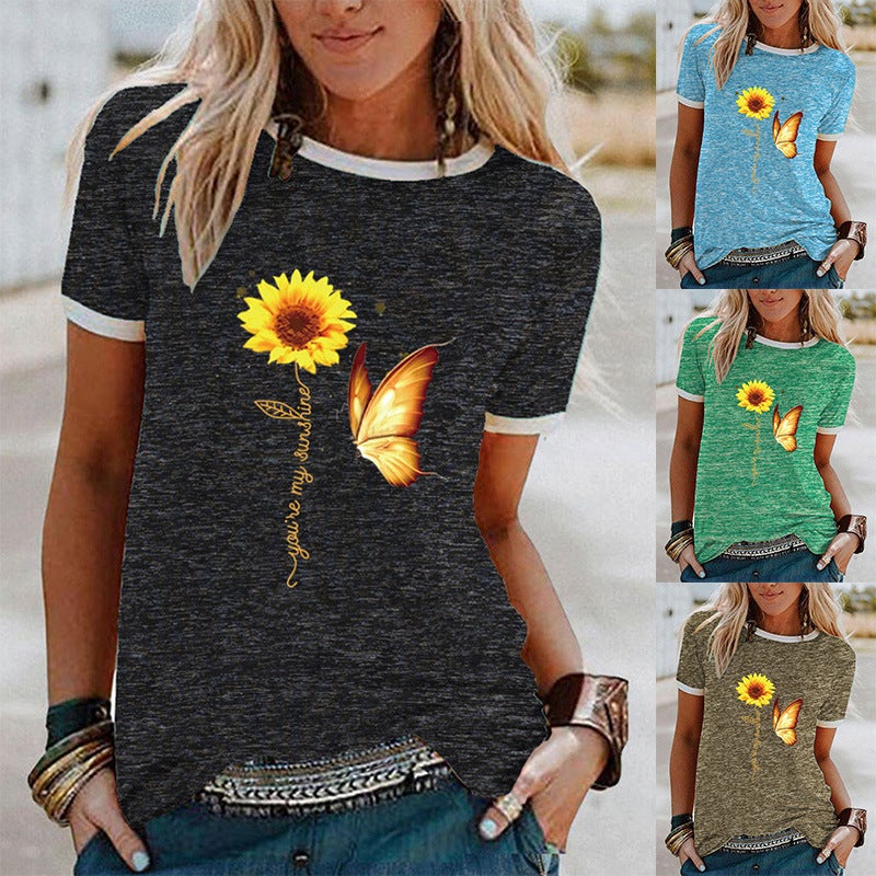 wish Butterfly Sunflower Pattern Printed Short-sleeved T-shirt for Women - Image 2