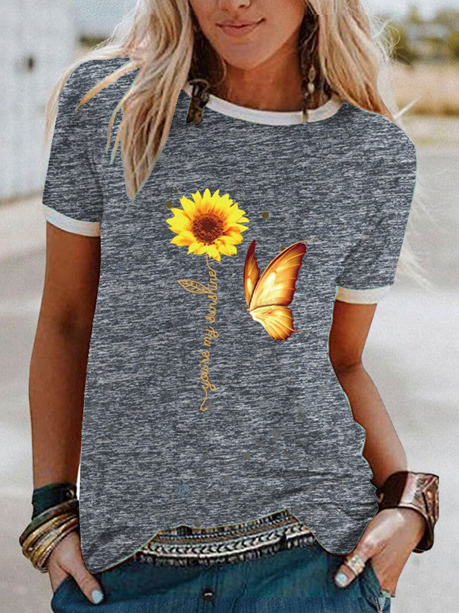 wish Butterfly Sunflower Pattern Printed Short-sleeved T-shirt for Women - Image 5