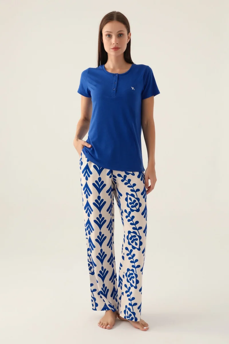 Arnetta Patterned Blue Women's Short Sleeve Pajama Set