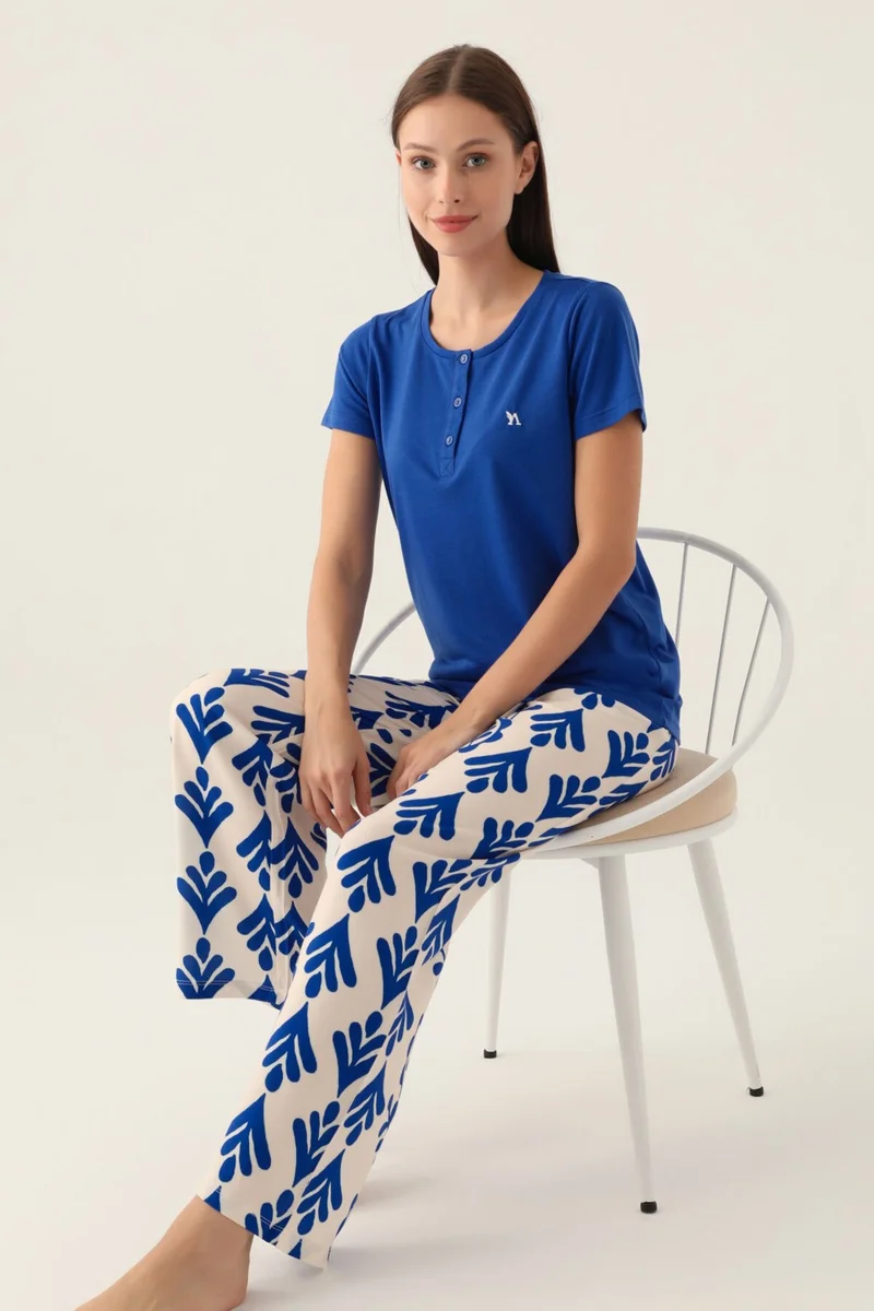 Arnetta Patterned Blue Women's Short Sleeve Pajama Set