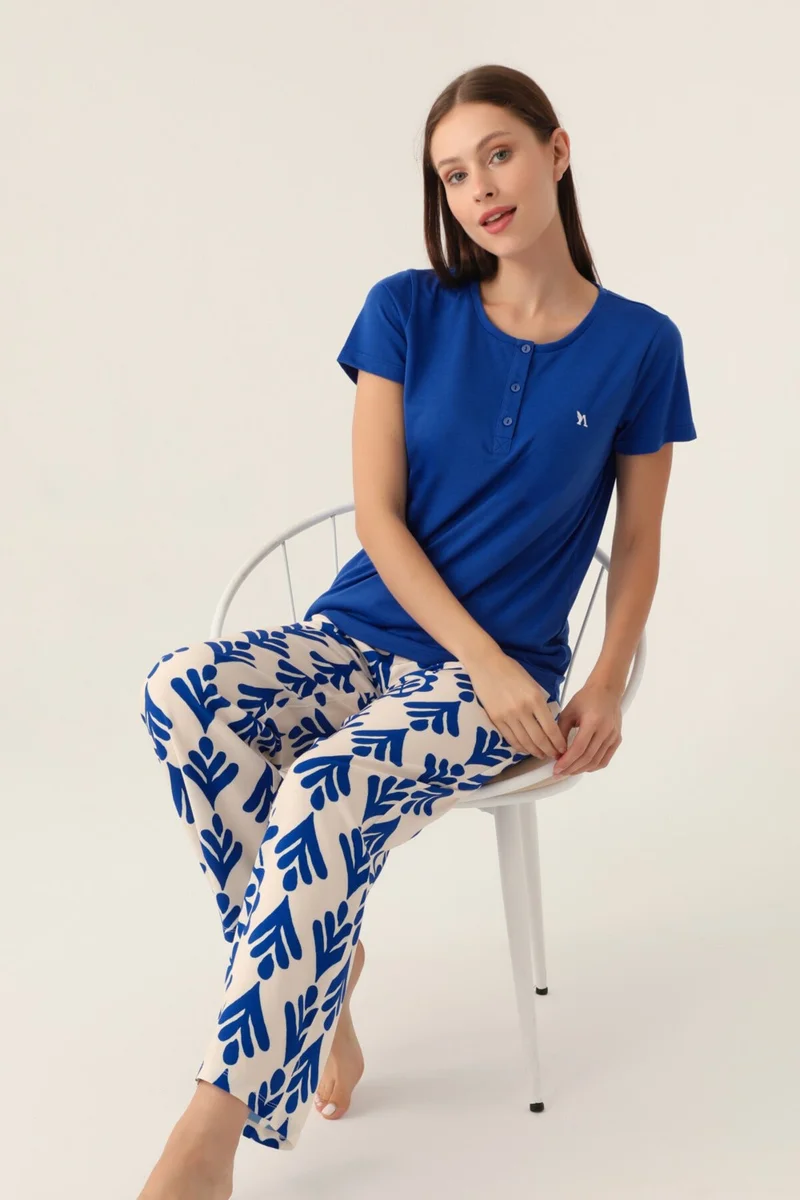 Arnetta Patterned Blue Women's Short Sleeve Pajama Set