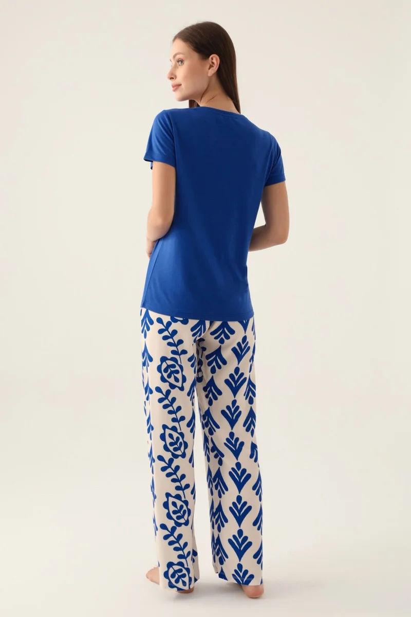 Arnetta Patterned Blue Women's Short Sleeve Pajama Set
