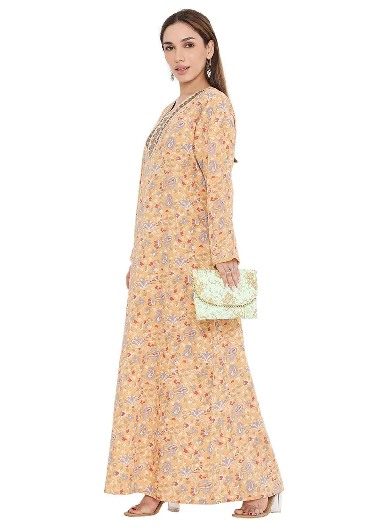 HANA & SARA ELEGANT PRINTED WITH UNIQUE NECK DESIGN EMBROIDERED ARABIC KAFTAN JALABIYA DRESS