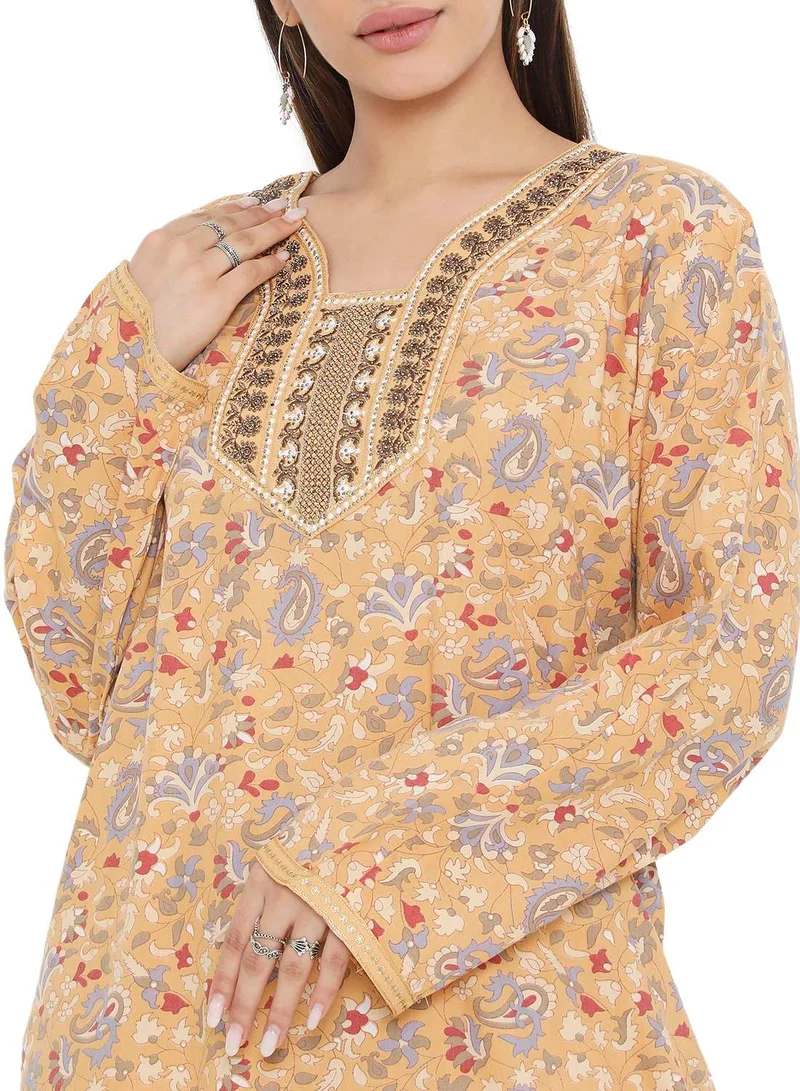 HANA & SARA ELEGANT PRINTED WITH UNIQUE NECK DESIGN EMBROIDERED ARABIC KAFTAN JALABIYA DRESS