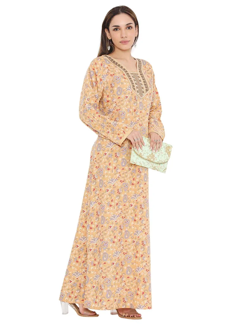 HANA & SARA ELEGANT PRINTED WITH UNIQUE NECK DESIGN EMBROIDERED ARABIC KAFTAN JALABIYA DRESS
