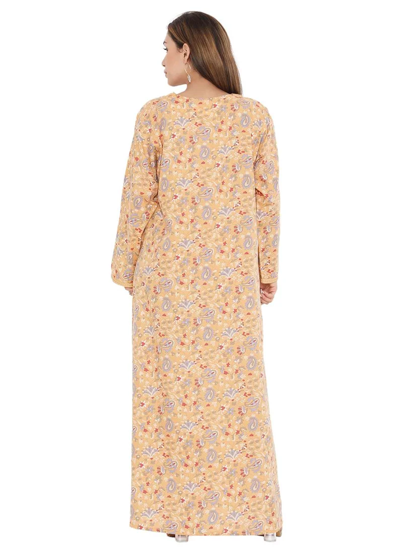 HANA & SARA ELEGANT PRINTED WITH UNIQUE NECK DESIGN EMBROIDERED ARABIC KAFTAN JALABIYA DRESS