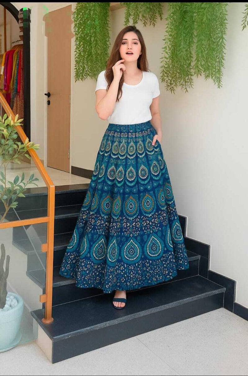 Ukal Traditional Long Skirt Lehenga with Printed Flowers and Embroidered Sequins for Women Girl' (in, Alpha, Free Size, Blue) - Image 2