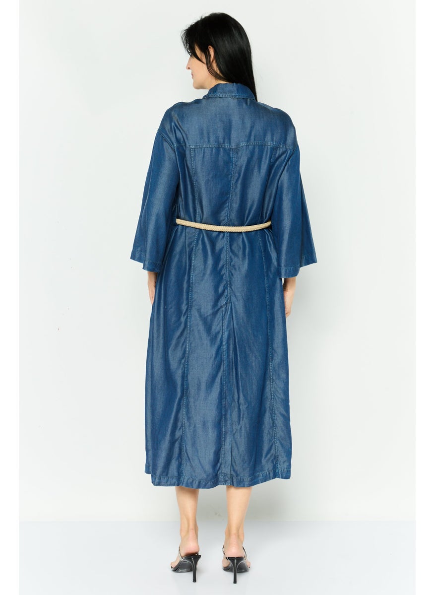 EMPORIO ARMANI - Women Solid Denim Trench Coat, Blue - Image 1