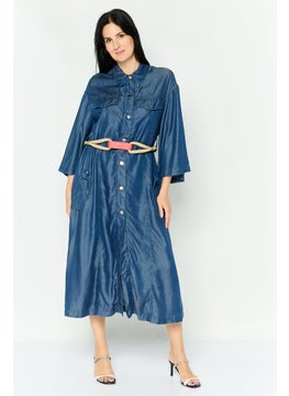 Women Solid Denim Trench Coat, Blue