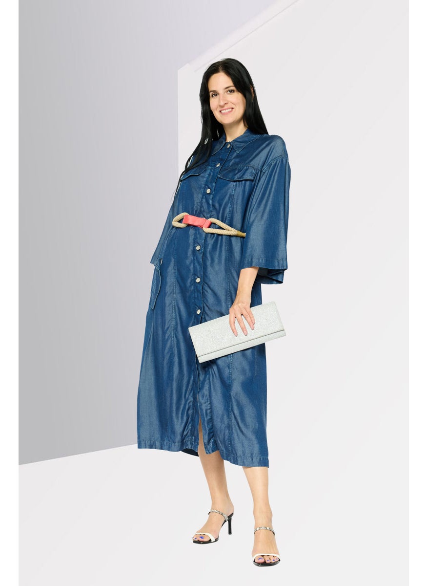 EMPORIO ARMANI - Women Solid Denim Trench Coat, Blue - Image 1