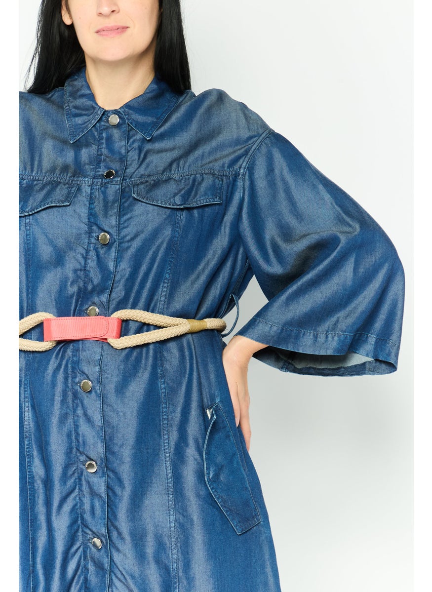 EMPORIO ARMANI - Women Solid Denim Trench Coat, Blue - Image 1