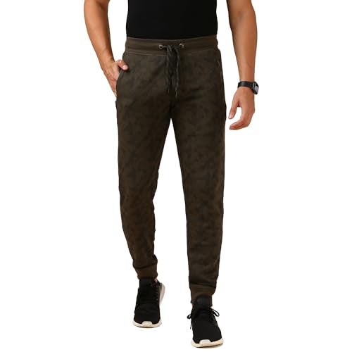 Van Heusen Men Superior Performance Trackpant - Cotton Rich - Zipper Pocket,Ribbed Hems, Elasticized Waistband_Army Green AOP_XXL - Image 1