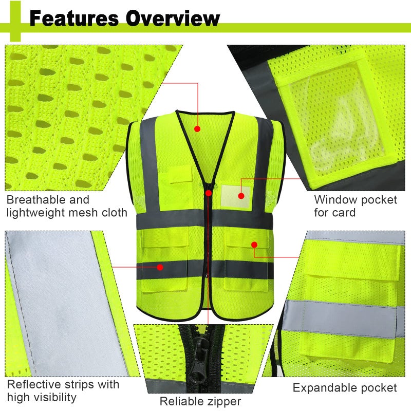 JenPen 10 Pieces Reflective Safety Vests with Pockets and Zipper, High Visibility Mesh Construction Vest for Men Women(L,Green) - Image 3