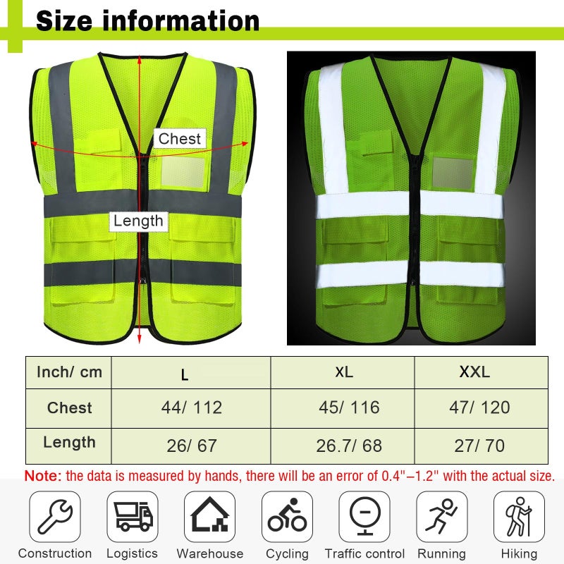 JenPen 10 Pieces Reflective Safety Vests with Pockets and Zipper, High Visibility Mesh Construction Vest for Men Women(L,Green) - Image 2