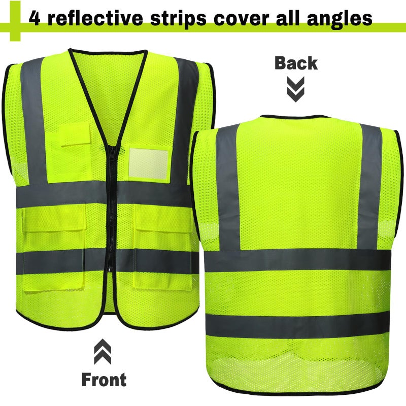 JenPen 10 Pieces Reflective Safety Vests with Pockets and Zipper, High Visibility Mesh Construction Vest for Men Women(L,Green) - Image 4