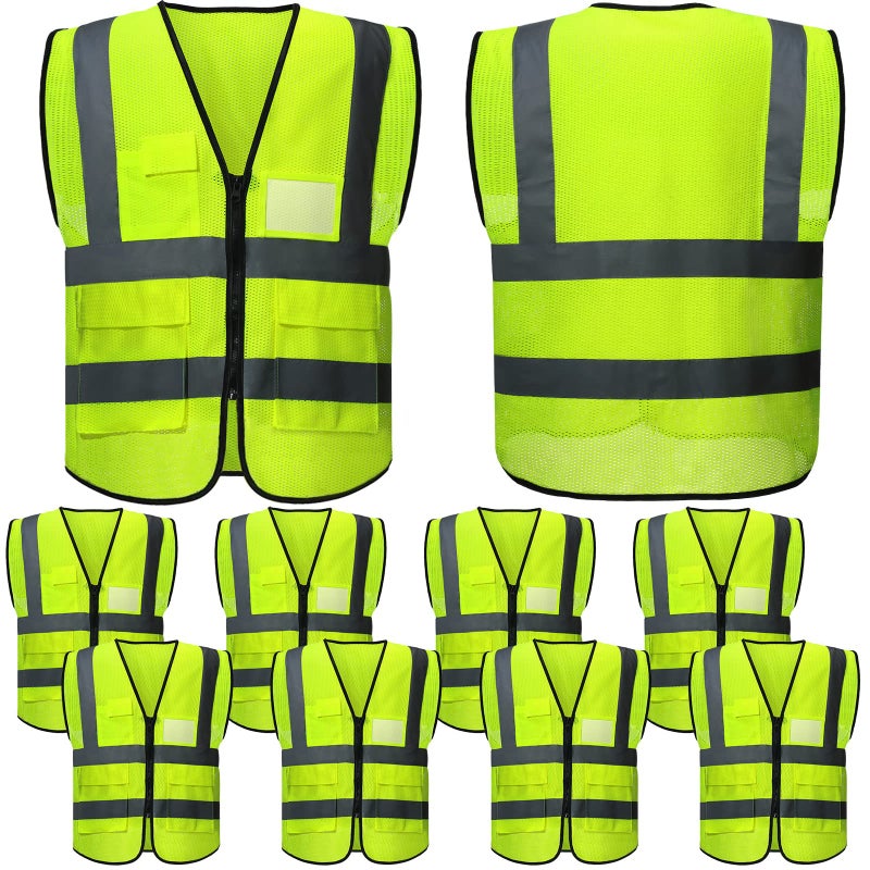 JenPen 10 Pieces Reflective Safety Vests with Pockets and Zipper, High Visibility Mesh Construction Vest for Men Women(L,Green) - Image 1
