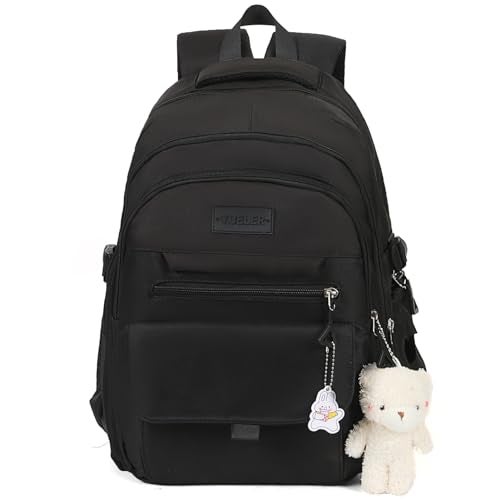 PRLINJSK Girls Backpack for College High Middle School Student, Cute Aesthetic Bookbag for Teens Women with Accessories,Black - Image 1