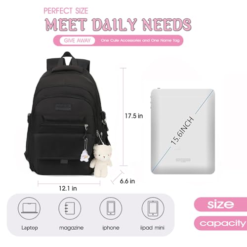 PRLINJSK Girls Backpack for College High Middle School Student, Cute Aesthetic Bookbag for Teens Women with Accessories,Black - Image 3